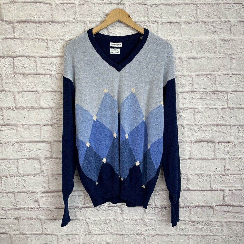 Bullock & Jones Men’s Large Sweater Lambswool Knit Geometric Blue Preppy